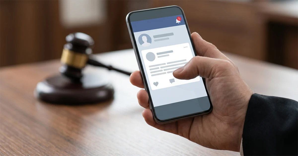 Mâna unui judecător ținând un smartphone deschis pe o rețea socială, ciocanul lui este vizibil în fundal, dar neclar